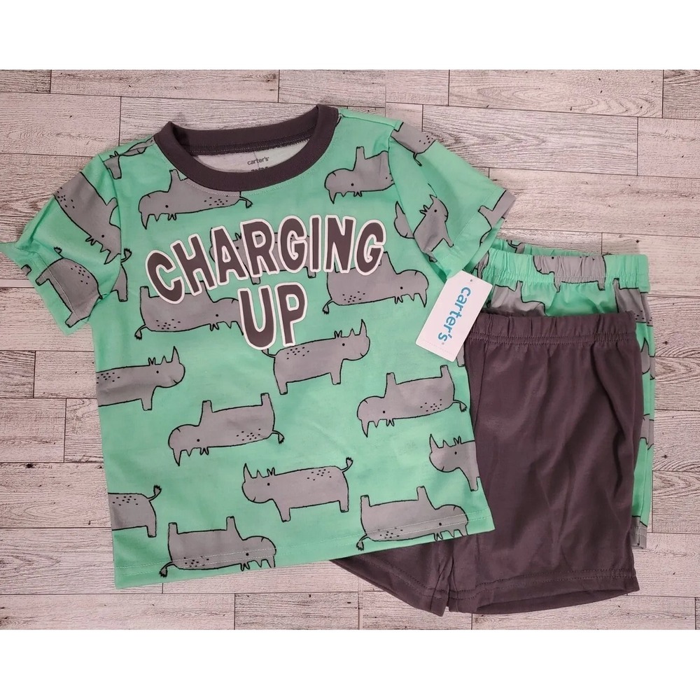 Carter's Boys 3pc Pajamas 3T Rhinoceros "Charging Up" Green Shorts Summer